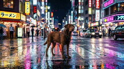 Obraz premium Loyal Dog Navigates Rainy Tokyo Street at Night.