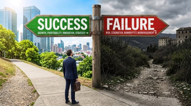 Man at Crossroads Sign Deciding Between Success and Failure.