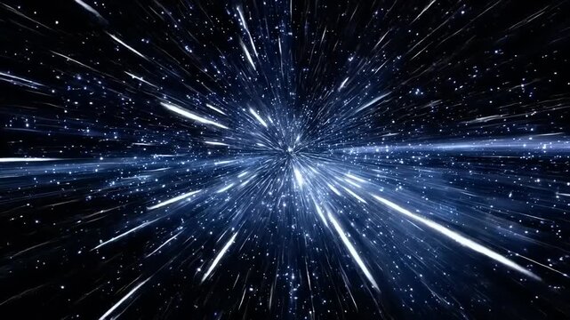 Intense blue light streaks radiating from a central point in dark space