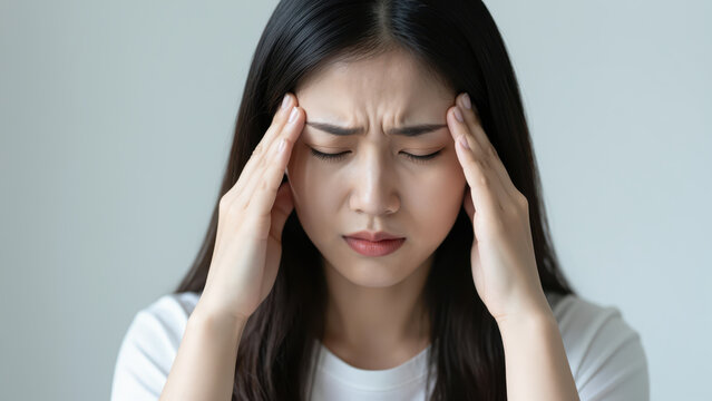 Migraine Agony: A young Asian woman clutches her temples in distress, her face etched with the pain of a severe headache.