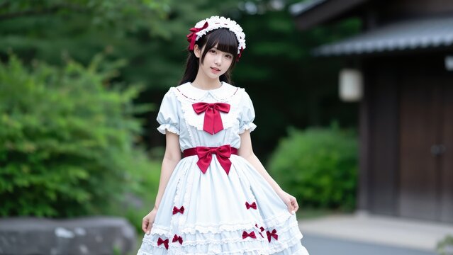 Elegant Lolita Fashion in Japanese Garden: A young woman in a beautiful, frilly Lolita dress with red ribbon accents poses gracefully in a serene Japanese garden.