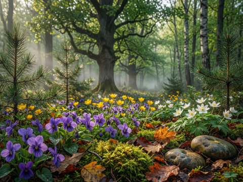 Sous-bois printanier avec tapis de fleurs violettes sauvages, grands ch&ecirc;nes &eacute;clabousses de lumi&egrave;re dor&eacute;e, atmosph&egrave;re f&eacute;erique enchanteresse en for&ecirc;t au printemps