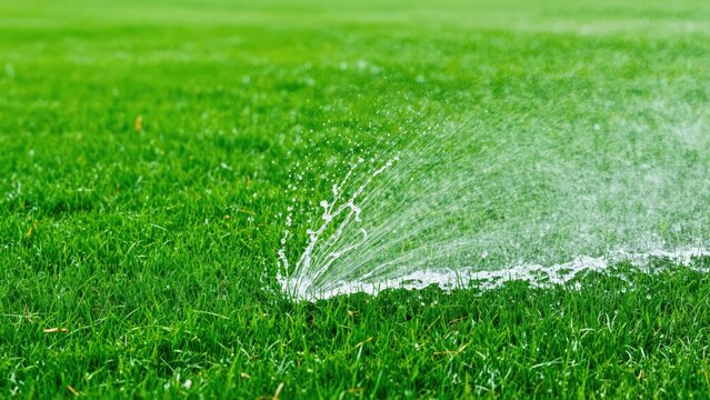 Green Field Irrigation: A close-up shot showcases a sprinkler watering a vibrant green field, emphasizing the lushness and care taken to maintain the grass.