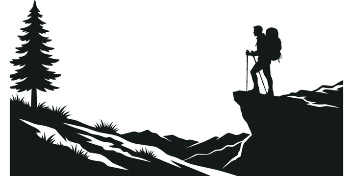 Hiker silhouette on cliff, trekking poles, backpack gear, evergreen tree, rocky slope, mountain ridges, open sky, outdoor adventure, flat vector illustration