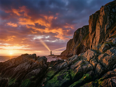 Coucher de soleil incandescent sur des falaises rocheuses rouges et oranges, ciel dramatique en feu, silhouette d'un arbre solitaire, paysage d&eacute;sertique grandiose en teintes ardentes