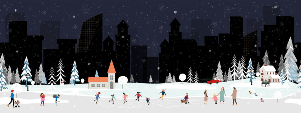 Seamless pattern Winter City Scene,Christmas Greeting Card,New Year Background,Vector illustration Endless Horizon Cute Fairy Houses with Snowy.Pattern Christmas winter landscape Design for Postcard