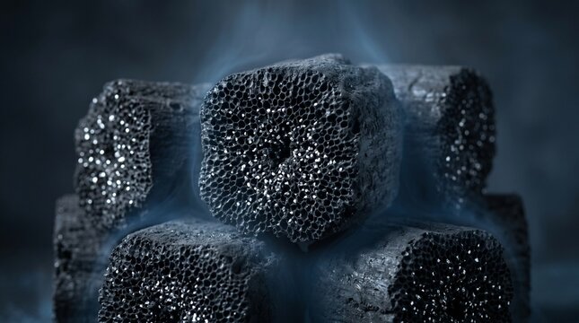 charcoal briquettes smoking grilling bbq barbecue fuel fire heat energy outdoor cooking food meat steak burgers hot dogs smoky flavor aroma texture porous honeycomb structure black
