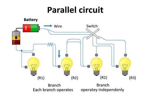 Diagram of a parallel electrical circuit with battery, switch, and light bulbs
