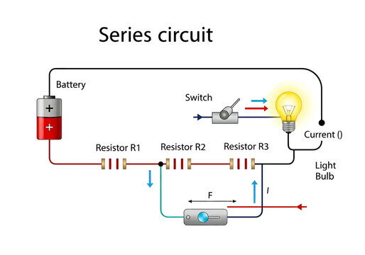 Series circuit diagram with battery, resistors, switch, and light bulb