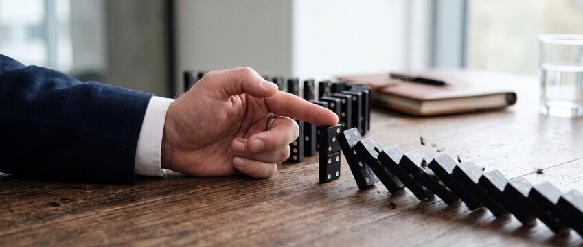 Hand stopping domino effect to prevent financial crisis and market collapse