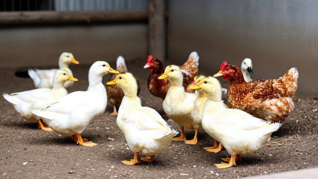 A Gathering of Poultry: A charming scene featuring a flock of fluffy ducklings and a few speckled chickens huddling together on a dirt ground, possibly in a coop or farmyard.