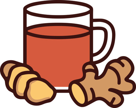 Ginger tea in glass mug with fresh ginger roots, healthy beverage illustration
