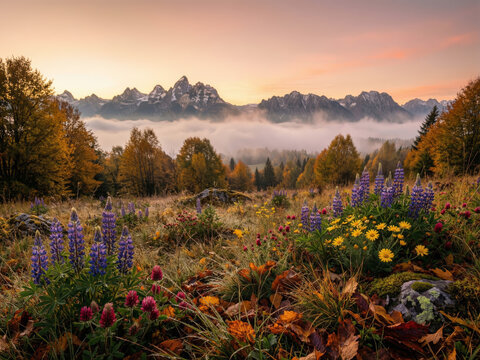 Prairie alpine brumeuse couverte de fleurs sauvages violettes et jaunes, renne paissant au loin, montagnes majestueuses dans la brume au lever du soleil, ambiance f&eacute;erique