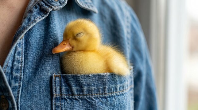 Cute yellow duckling peeking out of a denim shirt pocket adorable farm animal in casual clothing