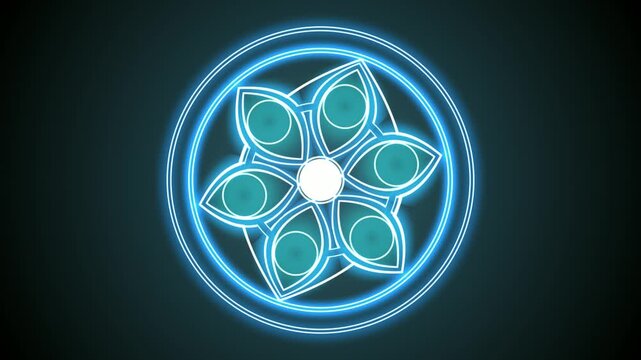 Neon blue floral mandala glowing animation background loop