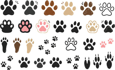 Fototapeta premium Hand drawn paw print collection with cat and dog footprints, pet footstep marks, animal pad patterns and cute flat vector icons 