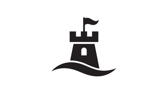 Black castle tower icon, sandcastle flag symbol, minimalist wave design, simple silhouette