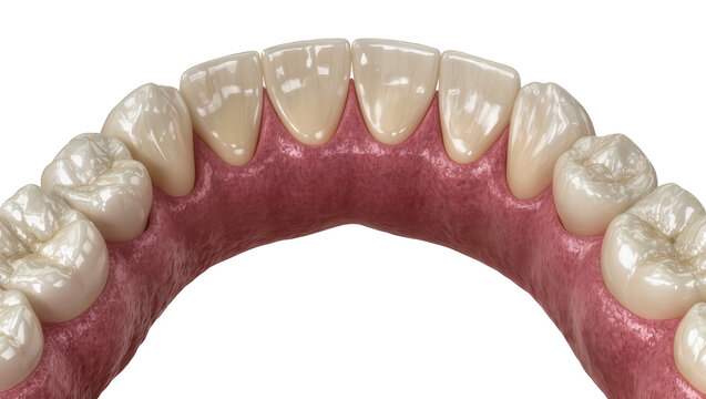 Human upper jaw with healthy white teeth and pink gums