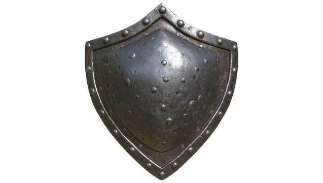 Medieval metal shield with rivets and embossed pattern