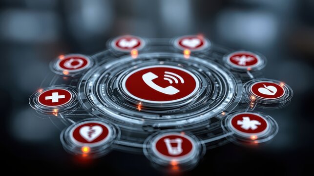 A futuristic digital interface with a central phone icon surrounded by healthcare-related symbols on glowing red circular buttons.