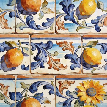 Seamless Mediterranean Ceramic Tile Pattern with Hand-Painted Lemons, Sunflowers, and Blue Floral Swirls in Traditional Italian Maiolica Style for Kitchen Decor and Background
