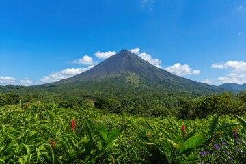 Arenal volcano rising majestically above lush green tropical rainforest under clear blue sky with vibrant red ginger flowers in foreground, scenic Costa Rica travel destination © Studio