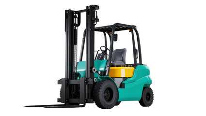 Turquoise and yellow forklift truck with black forks and seat © Eustace
