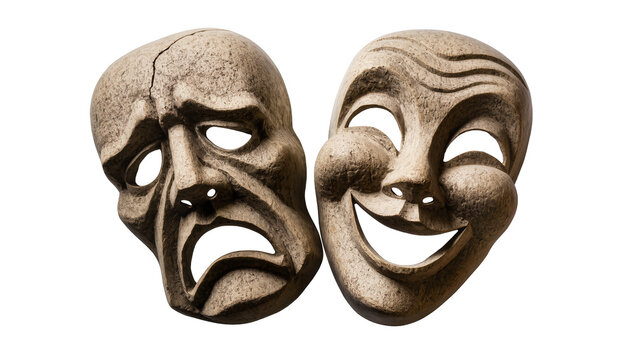 Tragedy and Comedy theater masks with cracked stone texture