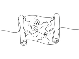 Obraz premium A continuous line drawing of an ancient map unrolling to reveal an adventurous journey with abstract lines