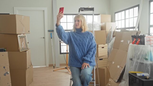 Blonde woman in blue sweater holding red smartphone taking selfie while gesturing with one hand among stacked moving boxes inside building; moving day happiness.