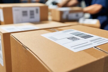Cardboard shipping boxes with barcode labels stacked in busy logistics warehouse distribution center, professional delivery service concept, close-up shot with selective focus. © Studio