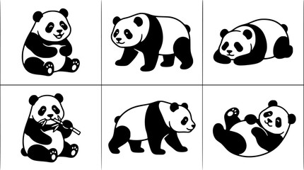 Obraz premium Pandas in Various Poses and Activities, Black and White Illustration Featuring Panda, Cartoon, Animal with Bear and Sitting Elements for Standing