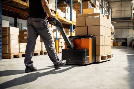 Professional warehouse worker operating electric pallet jack loaded with cardboard boxes in modern distribution center, industrial logistics concept