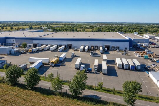 Modern industrial warehouse and logistics distribution center with cargo semi trucks parked at loading docks on sunny day, aerial view representing global supply chain and commerce.
