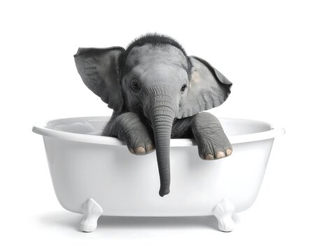 Cute Baby Elephant Resting in White Bathtub on Minimal Background