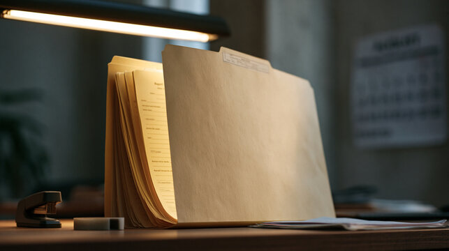 Manila document folder with a printed label tab spread open on a school administrator's desk, report cards fanned out inside, a stapler and correction tape nearby, fluorescent