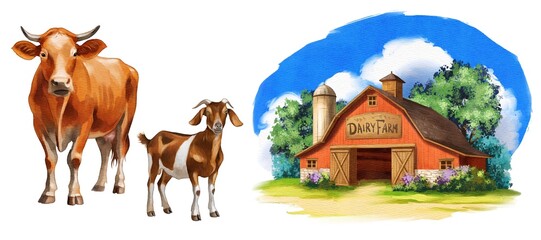 Obraz premium Cows and a goat stand near a dairy farm with a red barn and green trees under a blue sky
