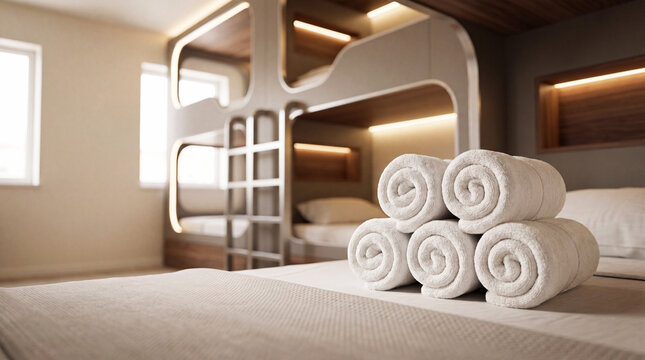 Clean folded towel on a hostel bed ready for guest arrival. Modern shared accommodation interior with bunk beds, hospitality service and traveler comfort concept.