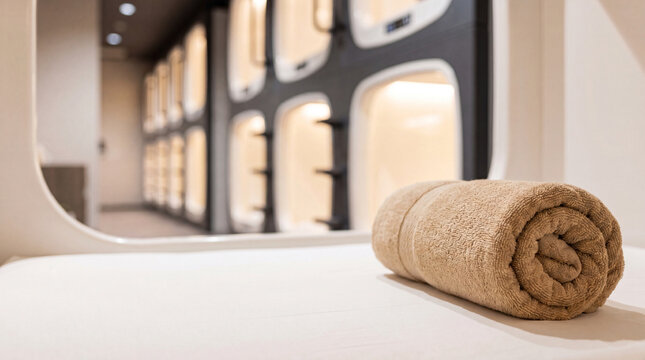Clean folded towel on a hostel bed ready for guest arrival. Modern shared accommodation interior with bunk beds, hospitality service and traveler comfort concept.