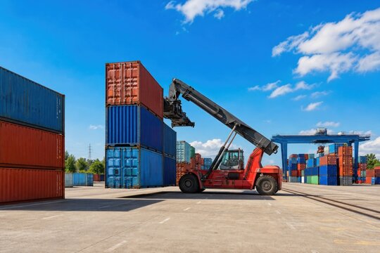 Reach stacker lifting blue cargo container at busy port terminal under bright blue sky, global logistics and maritime shipping industry concept