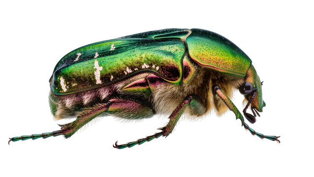 Metallic green beetle with iridescent exoskeleton and hairy body