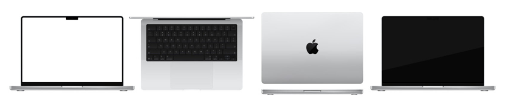 Photorealistic detailed New Apple Macbook Pro M5 Max 14.2 inches 2026 Silver mockup pack. Front, rear and top view isolated on transparent background. Vector editorial PNG