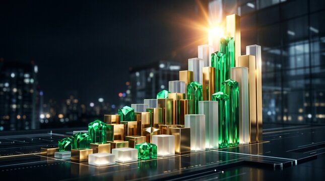 3d bar chart ascending graph business growth cityscape night data visualization financial success green gold bars increasing profits nighttime city lights rising chart