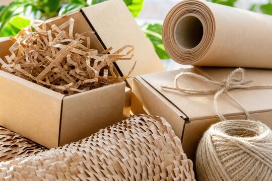 Eco-friendly cardboard packaging boxes with shredded paper filler, wrapping paper roll, honeycomb wrap, and twine string arranged on a table with green plants in bright natural light.