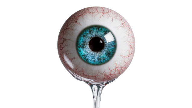 Human eyeball with blue iris and red veins, dripping clear liquid