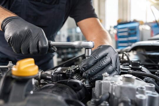 Professional auto mechanic hands in black protective gloves repairing car engine with socket wrench in modern service garage, close-up view