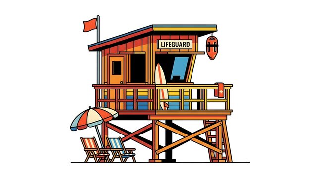 A colorful illustration of a wooden lifeguard tower on a white background with beach chairs, an umbrella, and a surfboard.
