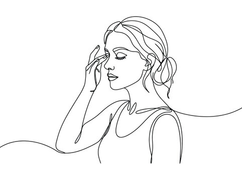 A minimalist continuous line drawing of a woman applying eye makeup with a serene expression
