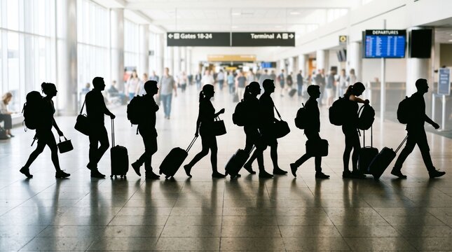 A diverse procession of travelers carrying luggage, backpacks, and gear, symbolizing exploration, adventure, resilience, and the shared human journey across cultures, destinations, and life stages.