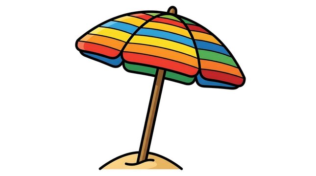 A colorful rainbow-striped beach umbrella pitched in a small patch of sand, isolated on a white background.